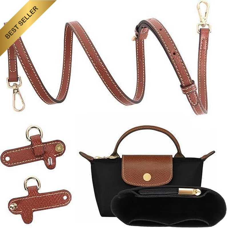 Purse Starp and Organiser Insert for Longchamp Le Pliage Mini Bag-Leather Brown