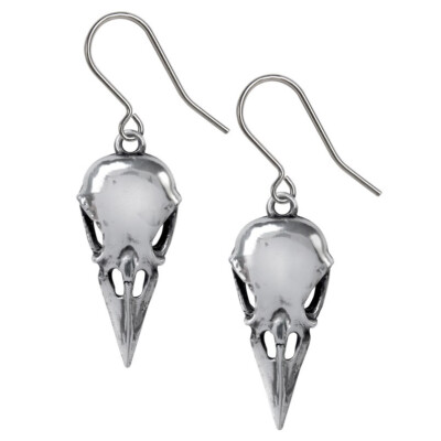 Alchemy Gothic Coeur Crane Earrings Pewter Raven Skull Surg Steel Hooks E462 NWT