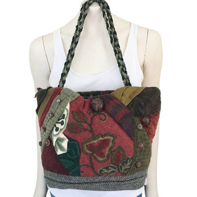 HANDCRAFTED Embroidered Mixed Media Fabric Shoulder Bag Tote