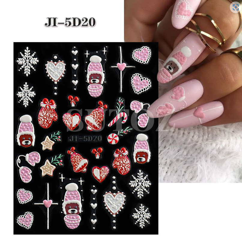 Christmas 5D Nail Art Stickers Snowflake Bear Heart Santa Decals Self-Adhesive