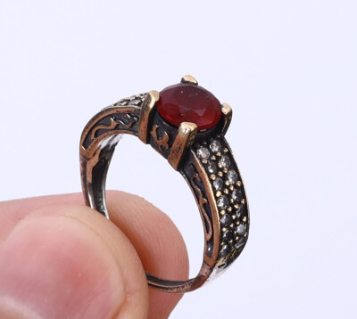 TURKISH SIMULATED RUBY .925 SILVER & BRONZE RING SIZE 7.25 #10649