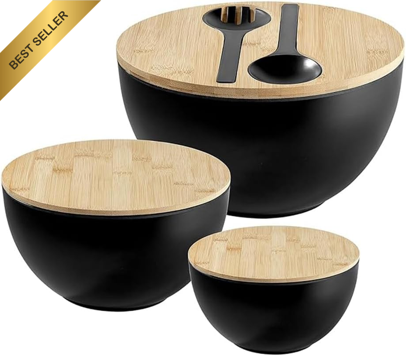 Bamboo Fiber Salad Bowl 3-Piece Set with Lid and Cutlery (Spoon and Fork), Salad