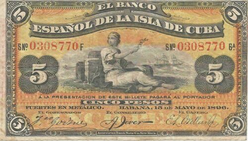 SPAIN Colonial 1896 5 Peso  VERY RARE SCARCE  # 3