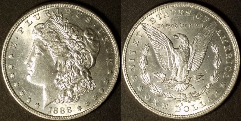 1888-S $1 Morgan Silver Dollar, High Grade, Superb Strike/Eye-appeal