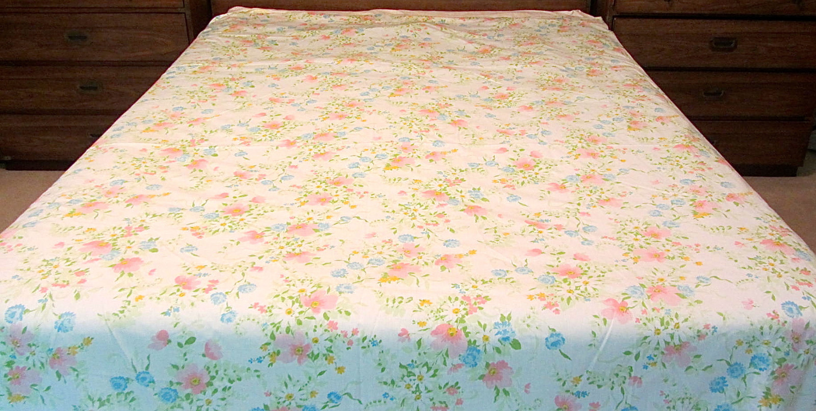 Vtg FULL Sheet FITTED FLAT & CASES Pink Blue Floral Flowers Sheets JC Penney