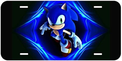 Blue Sonic On Black Aluminum Car Tag Novelty License Plate
