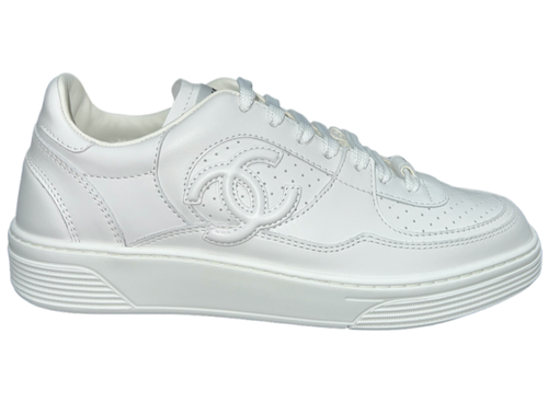Pre-owned Chanel 23a White Calfskin Leather Cc Logo Tie Flat Runner Trainer Sneaker 38.5