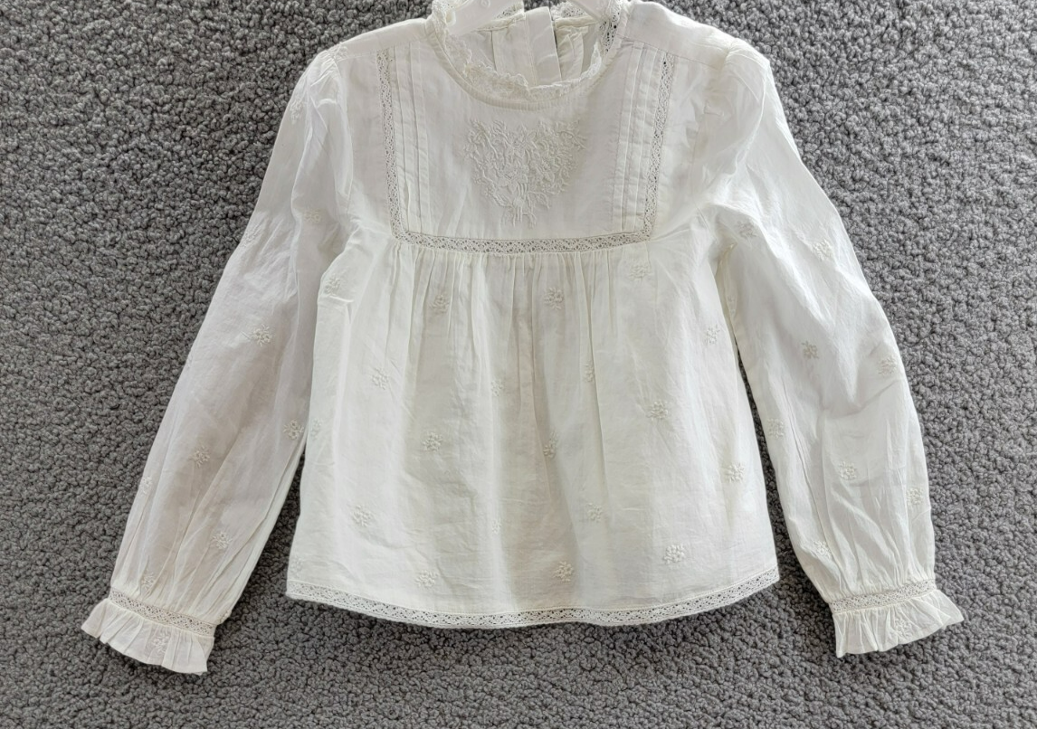 Ralph Lauren Embroidered Voile Top Girls' 6 White Collared Ruffled Button Back - Picture 2 of 17