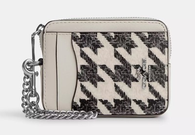 NWT COACH Zip Card Case Houndstooth Print Leather CK422 In Silver/Cream/Black