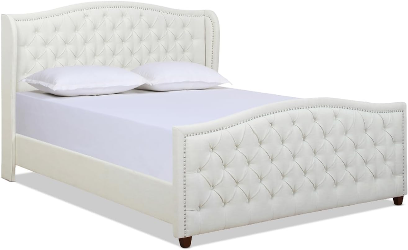 Marcella Upholstered Shelter Headboard Bed Set, King, Antique White Polyester