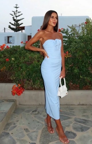 ZARA SS24 RAISED FLOWERS STRAPLESS DRESS SKY BLUE XL 3581