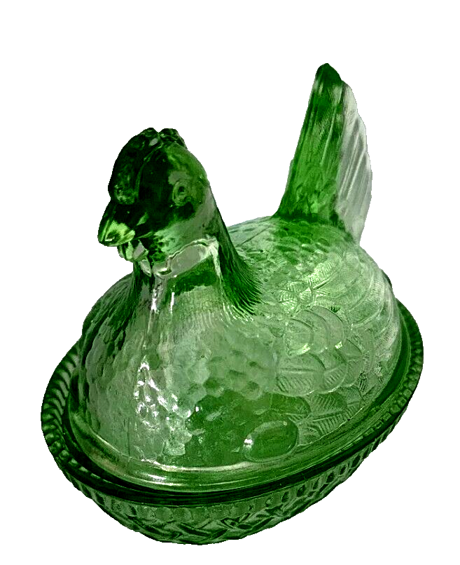 Wilkerson Art Deco Trinket Key Lime Hen Chicken Glow Glass On Basket 3.25" Wide