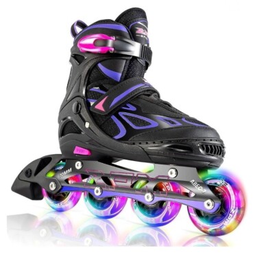 New Girls Adjustable Flashing Inline Skates Light Up Wheels Size-M Roller Blades