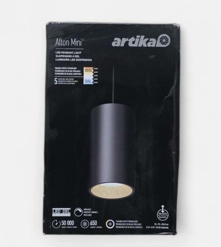 Artika Alton 15W 1-Light Black & Wood LED Mini Pendant, 5 CCT, Kitchen Island