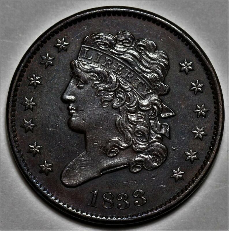 1833 Classic Head Half Cent - US 1/2c Penny Coin - Lot 225