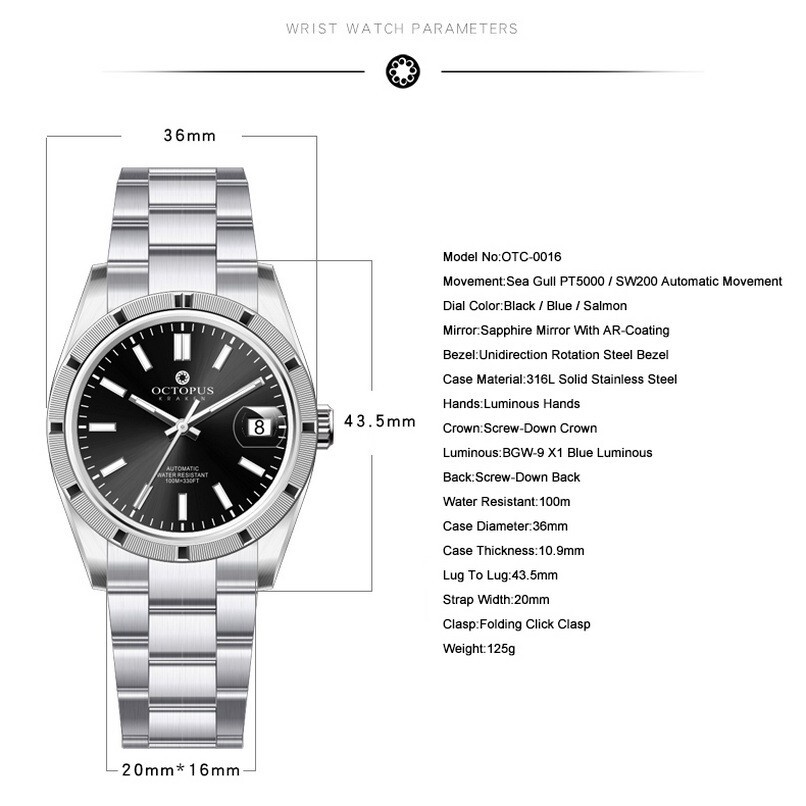Pre-owned Octopus Men Automatic Watch 36mm 10atm Mechanical Wristwatch Luminous Pt5000