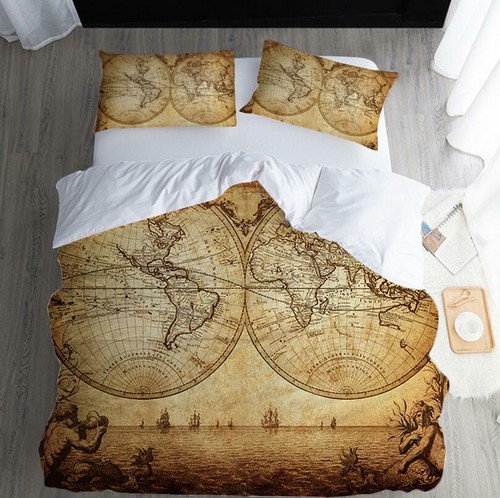 3pcs Bedding Set Duvet Cover Set Retro Map Comforter Covers Flat