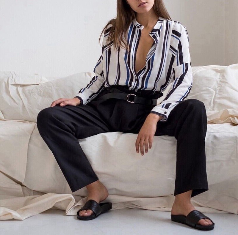 Viktoria & Woods Oxygen Sheer Viscose Blue Black White Stripe Shirt Sz 2