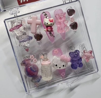 3D Hello Kitty Press On Nails. 10 Pieces. Kawaii. Pink ASMR Kuromi. My Melody.