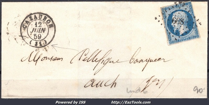 France Empire NÂ° 14a Sur Lettre Pour Auch Pc 668 Cazaubon Gers + Cad 12/06/1859