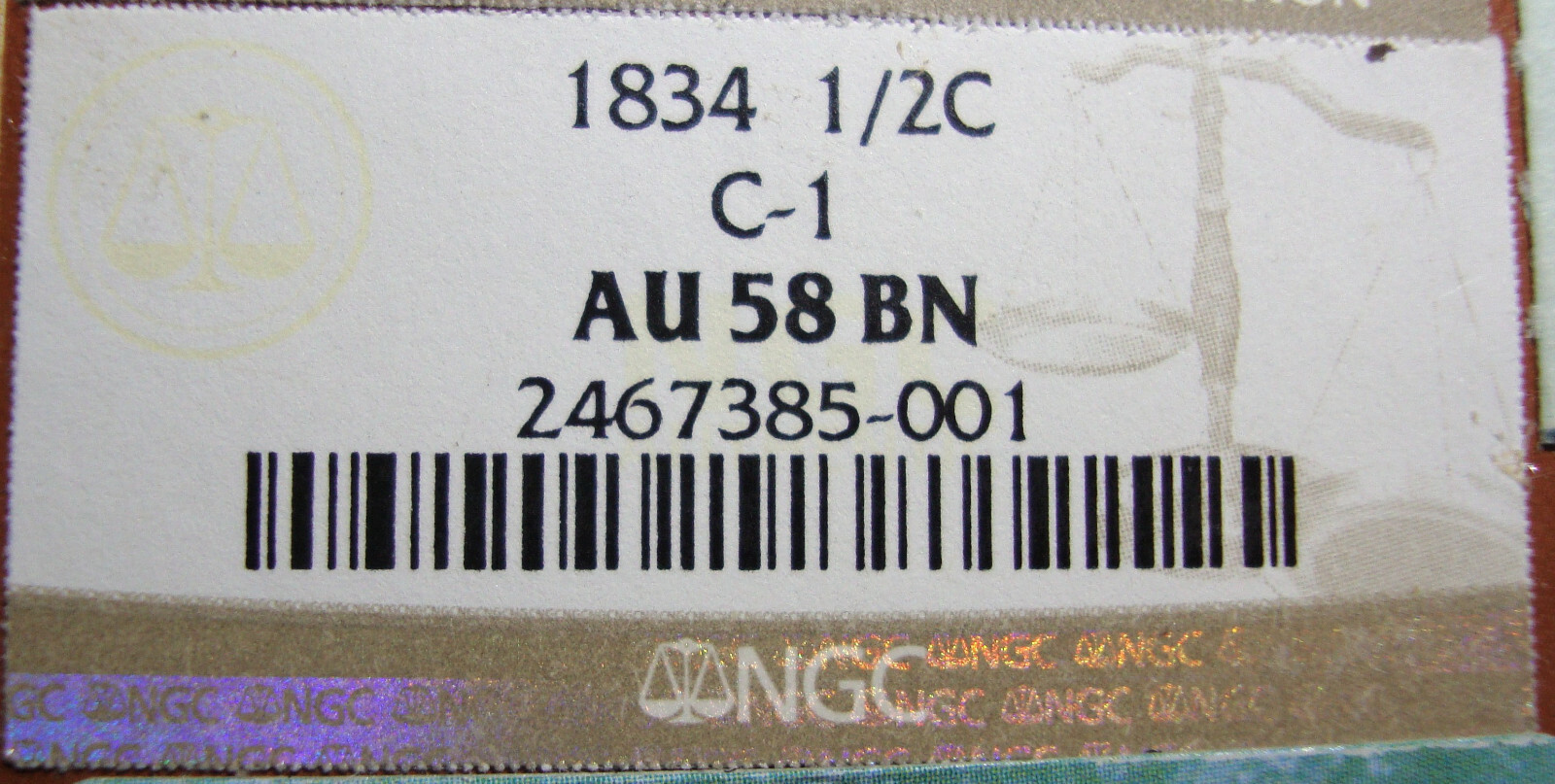 1834 Classic Head Half Cent (C-1) - Gorgeous AU++ (ex. NGC - Label Included)