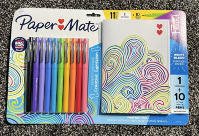 Paper Mate Flair Felt Tip Medium Pens 10 Assorted Colors & Notebook Sketchpad 