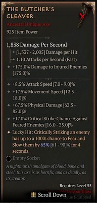 Diablo 4 Season 5  Level 55 925 The Butcher's Cleaver 1h Axe Barb/Druid D4 S5