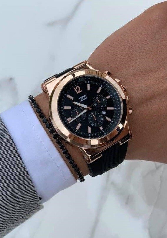 Orologio Polso ZCC 1635 Uomo Analogico Data Elegante Dorato Gomma Nero lac