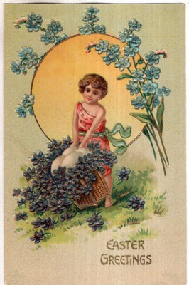 ANTIQUE EMBOSSED EASTER Postcard    YOUNG GIRL, EGGS IN BASKET, FORGET-ME-NOTS