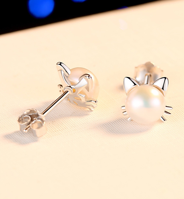 S925 Sterling Silver Kitty Cat White Freshwater Pearl Stud Earrings Gift PE58