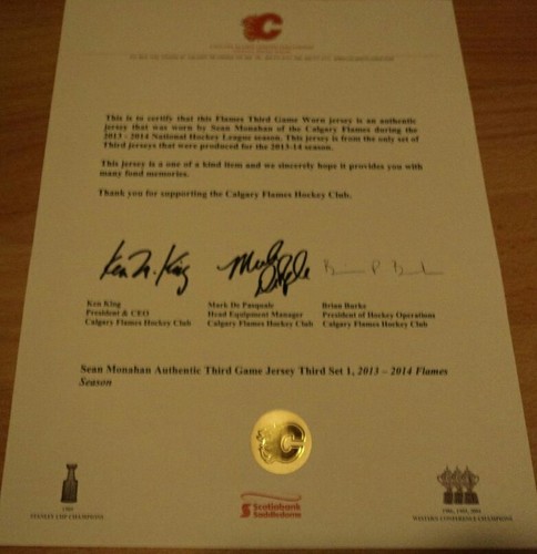 2013 Sean Monahan Calgary Flames rookie Game Worn alternate Jersey team letter