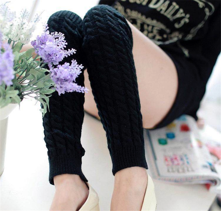 Women Crochet Knit Ribbed Leg Warmers Solid Knee High Winter Wool Boot Sock Long