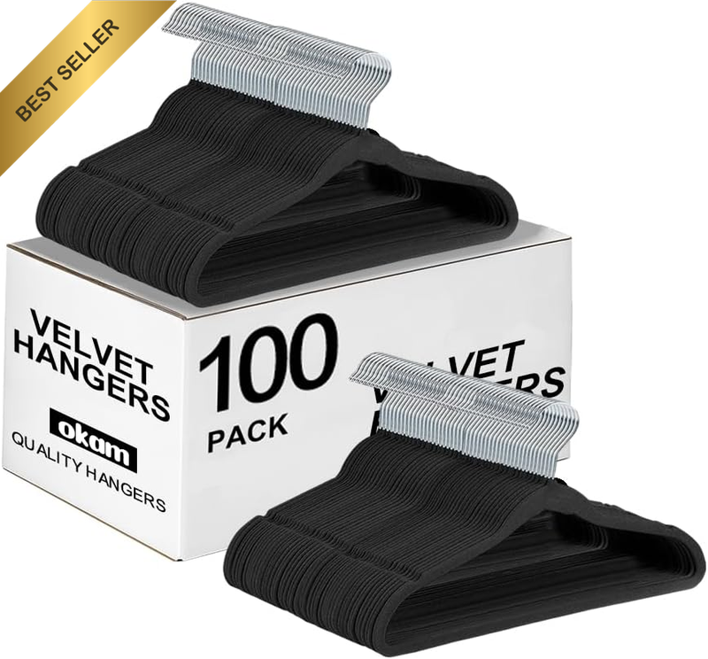 100 Pack Black Velvet Hangers with Silver Hooks Non-Slip Clothes