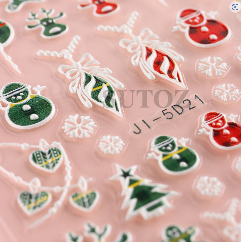 Christmas 5D Nail Art Stickers Snowflake Bear Heart Santa Decals Self-Adhesive