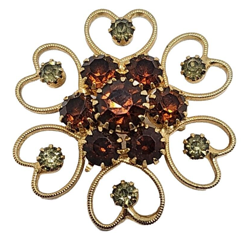 VTG Gold Tone Flower Brooch Pin with Brown and Green Rhinestones Art Jewelry