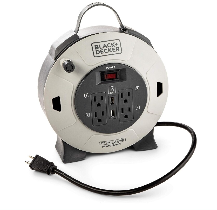 25 Ft. Retractable Extension Cord Reel With 4 Outlets 2 USB Ports