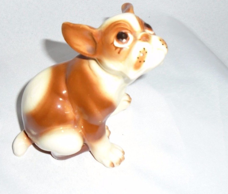 VTG BROWN & WHITE SAD FACE BULL DOG Figurine Japan Nippon BLACK STAMP CLOVER