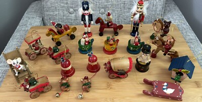 Vtg Wood Painted Christmas Ornaments Russ Berrie Taiwan Hong Kong Lot Of 19