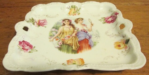 Antique Vintage PM Bavaria Handled Porcelain Tray Dish Hand Painted Portrait