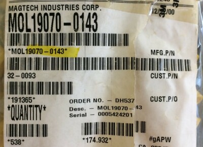 19070-0143 MOLEX CONN RING CIRC 10-12AWG #6 CRIMP 40 PIECES