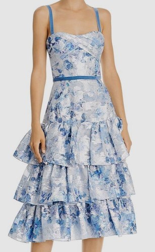 Pre-owned Marchesa $760  Notte Women's Blue Metallic Floral Ruched Ruffle Dress Size 14
