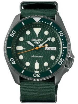 Pre-owned Seiko 5 Automatic 100m Green Nylon Strap Men's Watch Srpd77k1