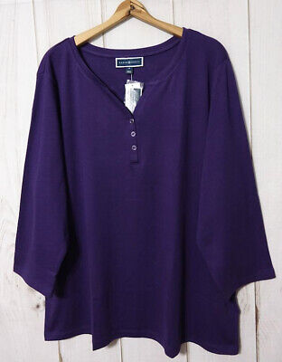 Karen Scott 3/4 Sleeve Henley Style Shirt Women's 3X Cassis 100% Cotton Soft NEW