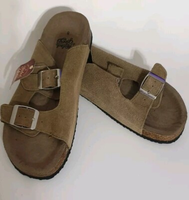 FADED GLORY SANDALS Womens 8 Memory Foam Tan Suede Leather Slide Buckles
