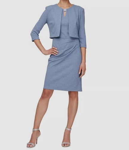 SLNY Women's Blue Glitter Open Front Jacket Dress Set Petite