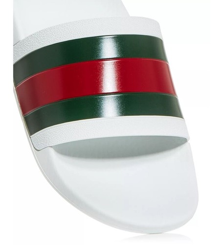 Pre-owned Gucci Men's Signature Stripe Slide Sandals White Size 10, 11, 12 ($400 Retail)