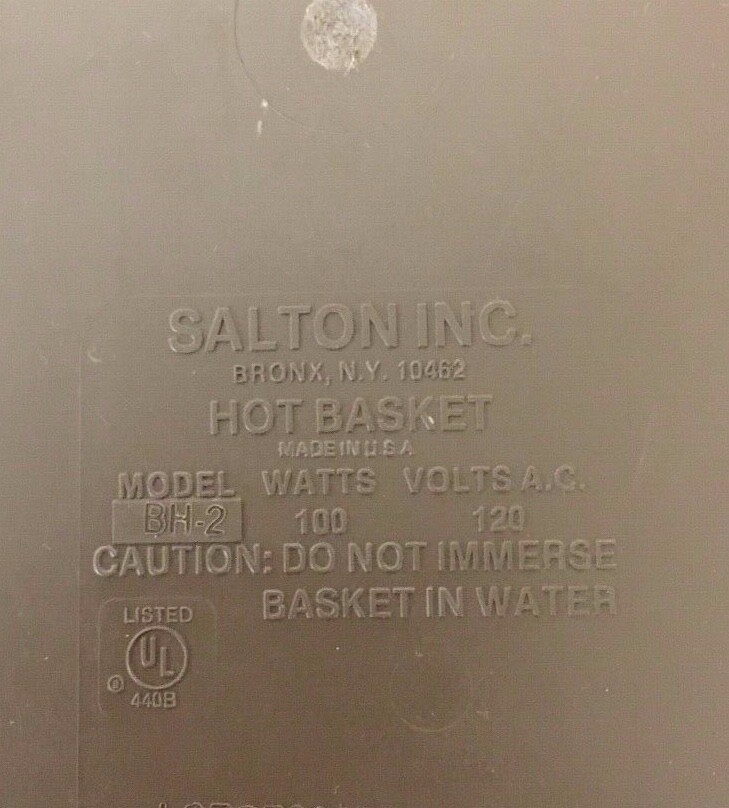 Salton Hot Basket Warmer Including Cord, Tongs, and Bottom Aluminum Tray