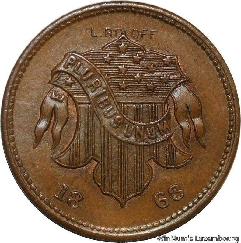 V3671 Rare Token Usa Civil War One Cent 1863 Staudinger''S Broadway New York Unc