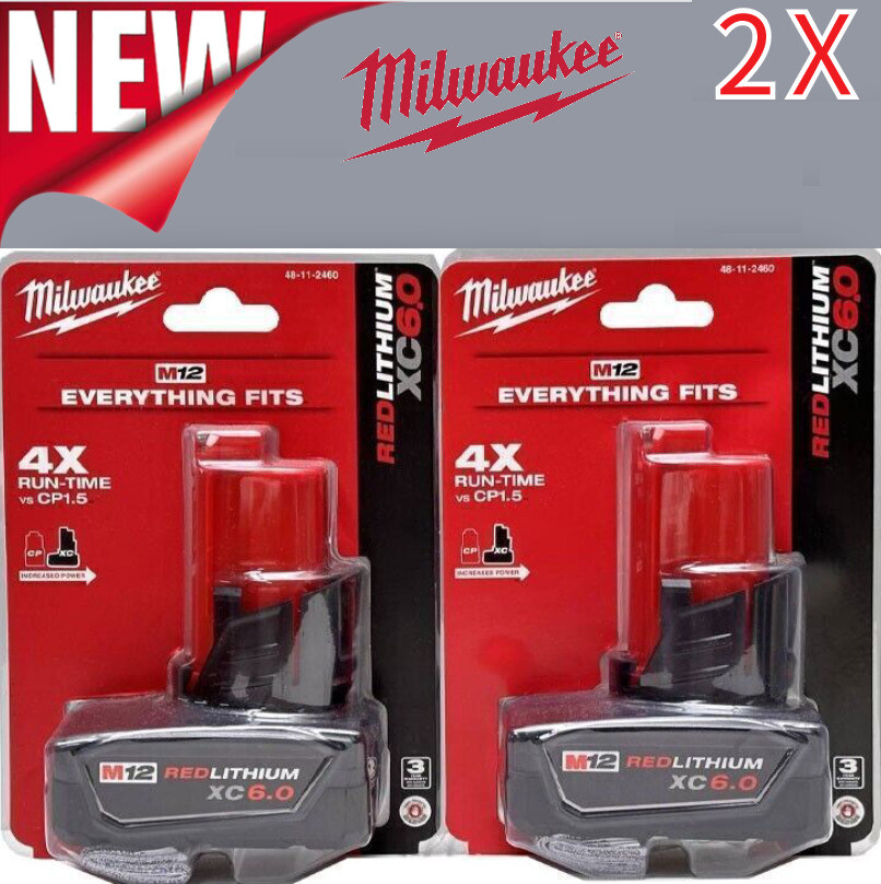 NEW 2 X Milwaukee 48-11-2460 M12 REDLITHIUM XC 6.0 AH Battery Pack