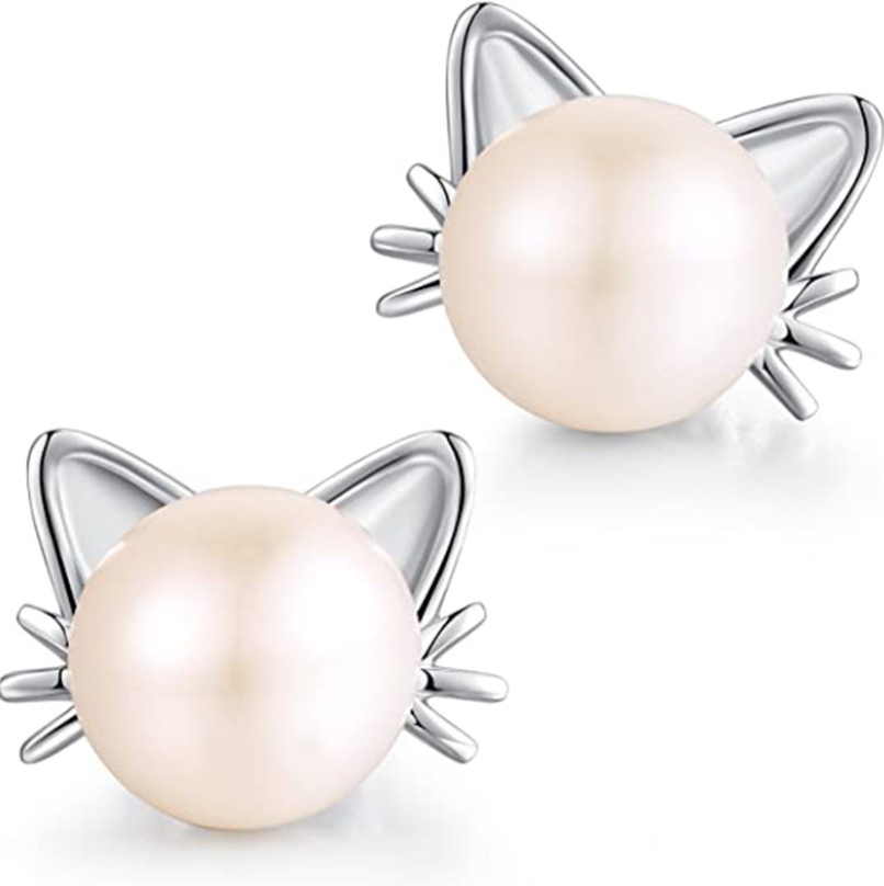 S925 Sterling Silver Kitty Cat White Freshwater Pearl Stud Earrings Gift PE58